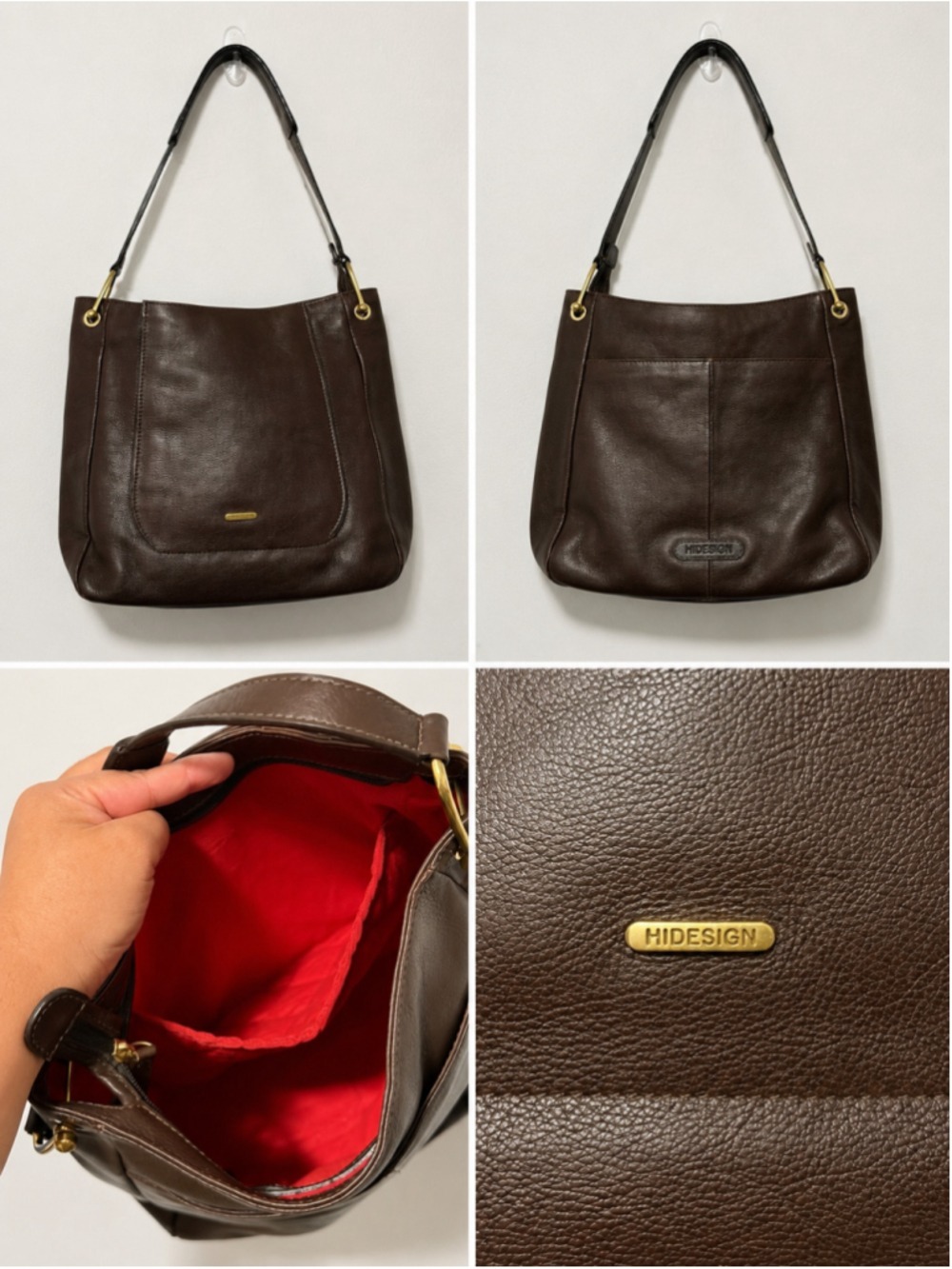 Hidesign Brown Genuine Leather Shoulder Bag Hobo Tote Purse Gold Hardware Red Li